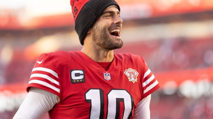 Dec 19, 2021; Santa Clara, California, USA;  San Francisco 49ers quarterback Jimmy Garoppolo (10) smiles after defeating the Atlanta Falcons at Levi's Stadium. Mandatory Credit: Stan Szeto-USA TODAY Sports
