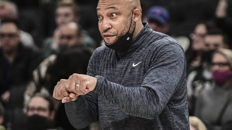 Jan 5, 2022; Milwaukee, Wisconsin, USA;  Milwaukee Bucks' acting head coach Darvin Ham gestures to his team in the fourth quarter during the game against the Toronto Raptors at Fiserv Forum. Mandatory Credit: Benny Sieu-USA TODAY Sports