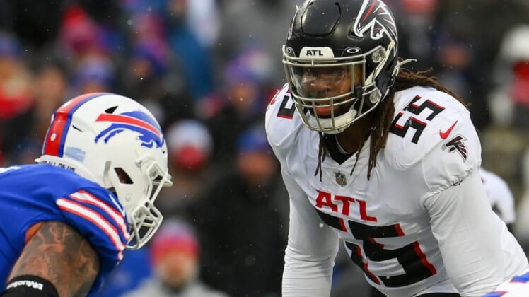 Jan 2, 2022; Orchard Park, New York, USA; Atlanta Falcons outside linebacker Steven Means (55) against the Buffalo Bills during the first half at Highmark Stadium. Mandatory Credit: Rich Barnes-USA TODAY Sports