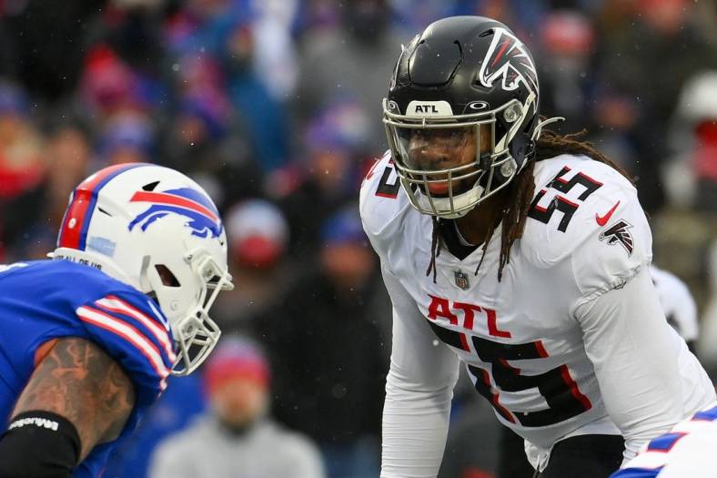 Jan 2, 2022; Orchard Park, New York, USA; Atlanta Falcons outside linebacker Steven Means (55) against the Buffalo Bills during the first half at Highmark Stadium. Mandatory Credit: Rich Barnes-USA TODAY Sports