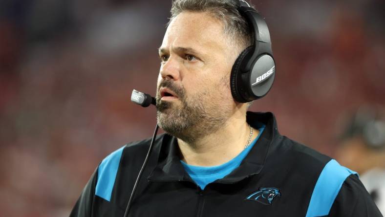 Jan 9, 2022; Tampa, Florida, USA; Carolina Panthers head coach Matt Rhule against the Tampa Bay Buccaneers during the second half at Raymond James Stadium. Mandatory Credit: Kim Klement-USA TODAY Sports