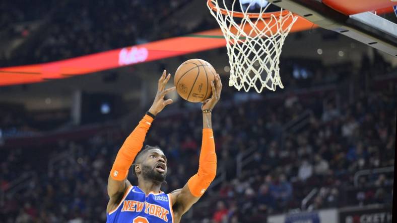 Jan 24, 2022; Cleveland, Ohio, USA; New York Knicks center Nerlens Noel (3) drives to the basket in the second quarter against the Cleveland Cavaliers at Rocket Mortgage FieldHouse. Mandatory Credit: David Richard-USA TODAY Sports