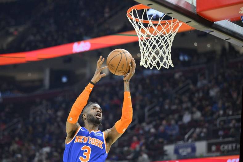 Jan 24, 2022; Cleveland, Ohio, USA; New York Knicks center Nerlens Noel (3) drives to the basket in the second quarter against the Cleveland Cavaliers at Rocket Mortgage FieldHouse. Mandatory Credit: David Richard-USA TODAY Sports
