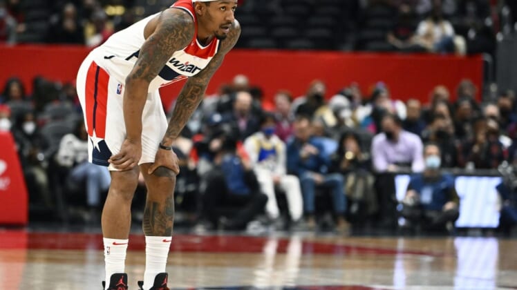 Jan 25, 2022; Washington, District of Columbia, USA; Washington Wizards guard Bradley Beal (3) looks on from the court against the LA Clippers during the first half at Capital One Arena. Mandatory Credit: Brad Mills-USA TODAY Sports