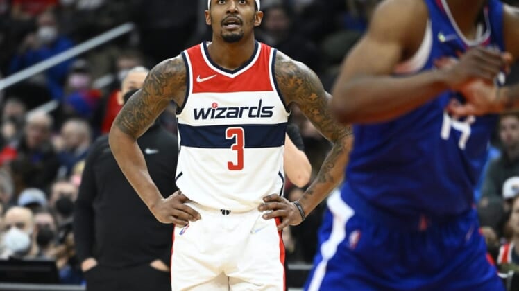 Jan 25, 2022; Washington, District of Columbia, USA; Washington Wizards guard Bradley Beal (3) reacts during the second half against the LA Clippers at Capital One Arena. Mandatory Credit: Brad Mills-USA TODAY Sports