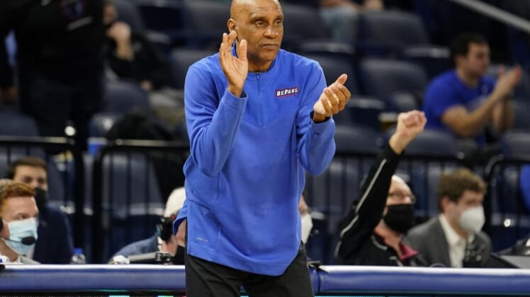 Jan 29, 2022; Chicago, Illinois, USA; DePaul Blue Demons head coach Tony Stubblefield during the first half against the Connecticut Huskies at Wintrust Arena. Mandatory Credit: Mike Dinovo-USA TODAY Sports