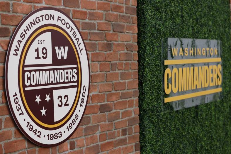 Feb 2, 2022; Landover, MD, USA; A view of the new logos during a press conference revealing the Washington Commanders as the new name for the formerly named Washington Football Team at FedEx Field. Mandatory Credit: Geoff Burke-USA TODAY Sports