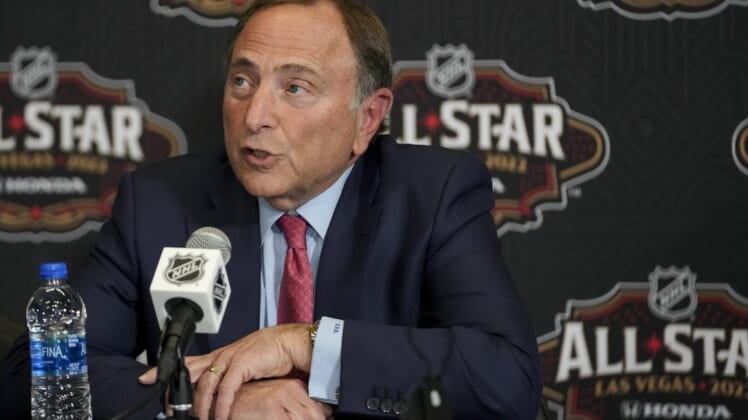 Feb 4, 2022; Las Vegas, Nevada, USA; NHL commissioner Gary Bettman speaks with media prior to the 2022 NHL All-Star Game Skills Competition at T-Mobile Arena. Mandatory Credit: Stephen R. Sylvanie-USA TODAY Sports
