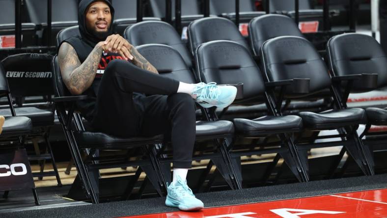 Feb 9, 2022; Portland, Oregon, USA;  Portland Trail Blazers guard Damian Lillard (0) during shoot around before Portland plays Los Angeles Lakers at Moda Center. Mandatory Credit: Jaime Valdez-USA TODAY Sports