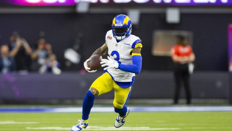 Feb 13, 2022; Inglewood, CA, USA; Los Angeles Rams wide receiver Odell Beckham Jr. (3) against the Cincinnati Bengals during Super Bowl LVI at SoFi Stadium. Mandatory Credit: Mark J. Rebilas-USA TODAY Sports