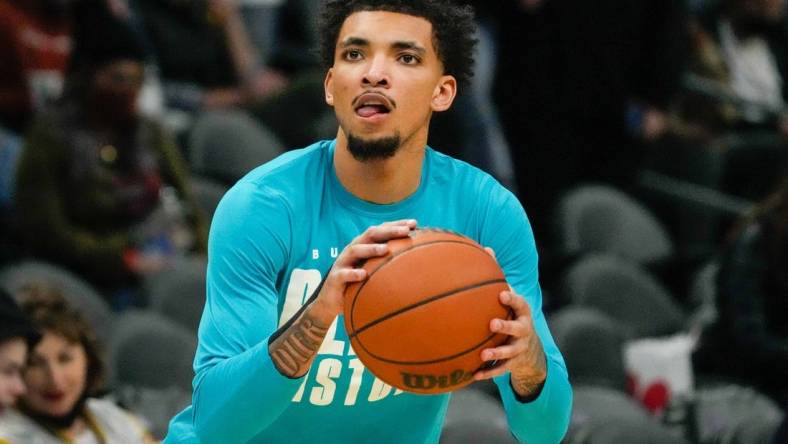 Feb 12, 2022; Charlotte, North Carolina, USA; Charlotte Hornets guard James Bouknight (5) before the start between the Charlotte Hornets and the Memphis Grizzlies at the Spectrum Center. Mandatory Credit: Jim Dedmon-USA TODAY Sports