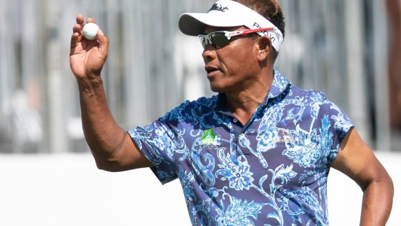 Thongchai Jaidee (THA) reacts after finishing the first round of the Chubb Classic on the 18th hole, Friday, Feb. 18, 2022, at Tibur  n Golf Club at The Ritz-Carlton Golf Resort in Naples, Fla.Jaidee finished the round -5.

Chubb Classic first round, Feb. 18, 2022