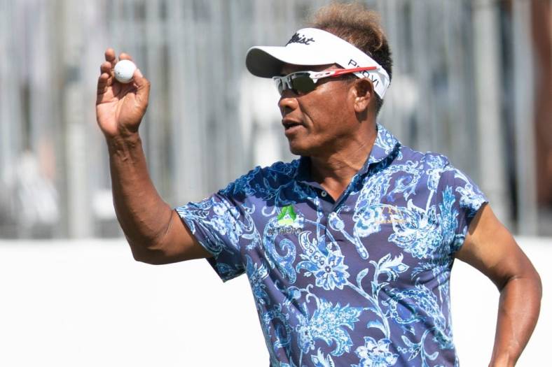 Thongchai Jaidee (THA) reacts after finishing the first round of the Chubb Classic on the 18th hole, Friday, Feb. 18, 2022, at Tibur  n Golf Club at The Ritz-Carlton Golf Resort in Naples, Fla.Jaidee finished the round -5.

Chubb Classic first round, Feb. 18, 2022