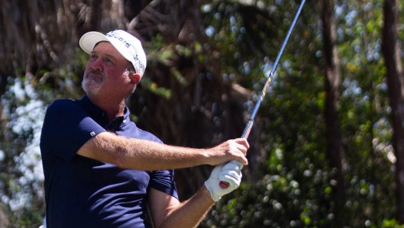 Jerry Kelly watches the ball during the Chubb Classic's final round on Sunday, Feb. 20, 2022 at the Tibur  n Golf Club in Naples, Fla.

Ndn 20120430 Chubb Classic Final Round 0394