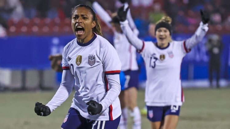 Feb 23, 2022; Frisco, Texas, USA; USA midfilder Catarina Macario (20) celebrates her goal scored against Iceland during the first half of the 2022 She Believes Cup international soccer match at Toyota Stadium. Mandatory Credit: Kevin Jairaj-USA TODAY Sports