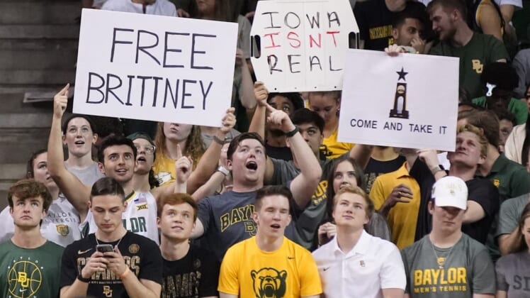 Mar 5, 2022; Waco, Texas, USA; The Baylor Student section hold ups a  Free Brittney  sign for Brittney Griner as she is currently being detain in Russia, during the first half of a game against the Iowa State Cyclones at Ferrell Center. Mandatory Credit: Raymond Carlin III-USA TODAY Sports