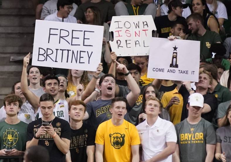 Mar 5, 2022; Waco, Texas, USA; The Baylor Student section hold ups a  Free Brittney  sign for Brittney Griner as she is currently being detain in Russia, during the first half of a game against the Iowa State Cyclones at Ferrell Center. Mandatory Credit: Raymond Carlin III-USA TODAY Sports