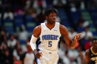 Mar 9, 2022; New Orleans, Louisiana, USA; Orlando Magic center Mo Bamba (5) reacts to a play against the New Orleans Pelicans during the first quarter at Smoothie King Center. Mandatory Credit: Andrew Wevers-USA TODAY Sports