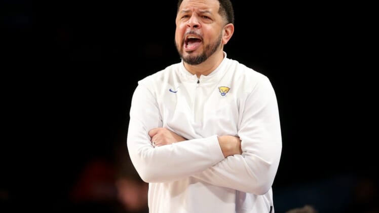 Mar 8, 2022; Brooklyn, NY, USA; Pittsburgh Panthers head coach Jeff Capel III coaches against the Boston College Eagles during the second half at Barclays Center. Mandatory Credit: Brad Penner-USA TODAY Sports