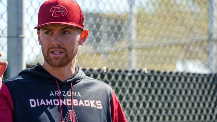 D-Backs catcher, Carson Kelly, talk to the press about the end of the 99-day lockout at Salt River Fields on March 11, 2022 in Scottsdale, Arizona.Mlb Baseball Returns