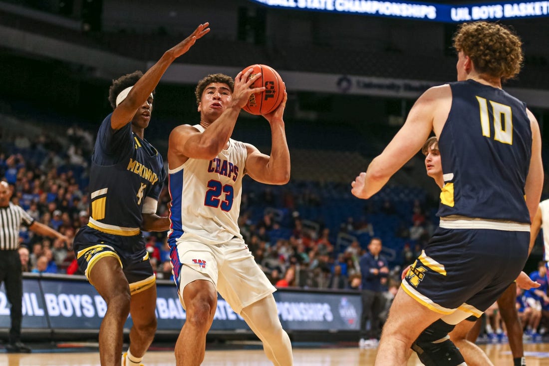 Westlake guard Jaden Greathouse (23) pushes past McKinney guard Ja'Kobe Walter (4) during the class 6A semifinal at the Alamodome in San Antonio, Texas on March 11, 2022. Westlake fell to McKinney in double overtime 68-66.

Aem Westlake Vs Mckinney Mbb 6