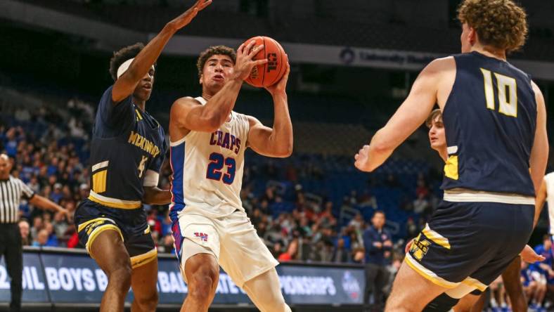 Westlake guard Jaden Greathouse (23) pushes past McKinney guard Ja'Kobe Walter (4) during the class 6A semifinal at the Alamodome in San Antonio, Texas on March 11, 2022. Westlake fell to McKinney in double overtime 68-66.

Aem Westlake Vs Mckinney Mbb 6