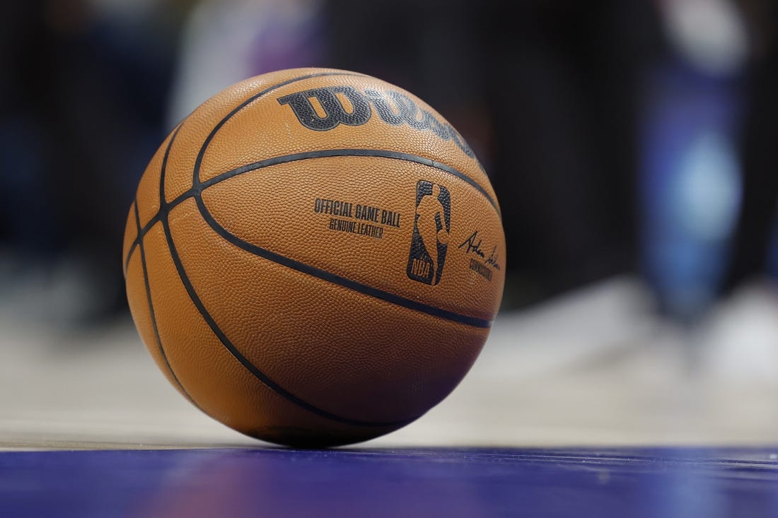 Mar 13, 2022; Detroit, Michigan, USA;  Basketball sits on the court during the first half of the game between the Detroit Pistons and the LA Clippers at Little Caesars Arena. Mandatory Credit: Rick Osentoski-USA TODAY Sports