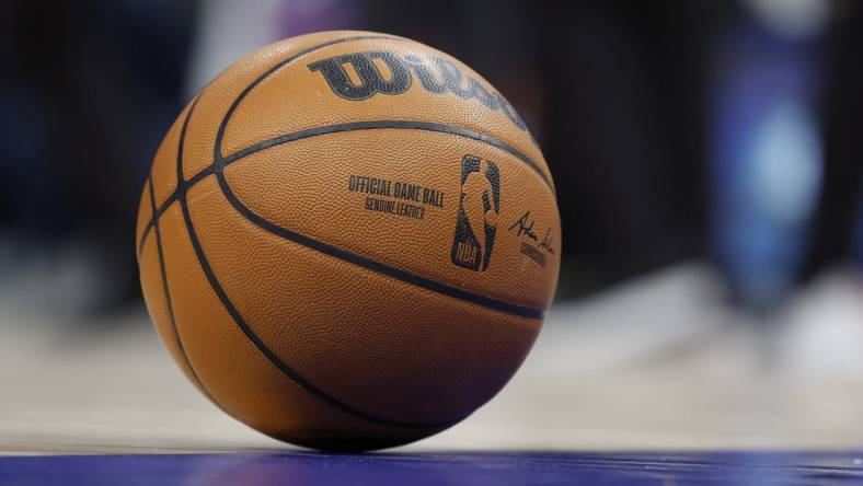 Mar 13, 2022; Detroit, Michigan, USA;  Basketball sits on the court during the first half of the game between the Detroit Pistons and the LA Clippers at Little Caesars Arena. Mandatory Credit: Rick Osentoski-USA TODAY Sports