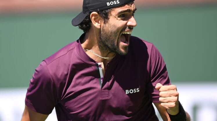 Mar 15, 2022; Indian Wells, CA, USA; Matteo Berrettini (ITA) celebrates as he defeated Lloyd Harris (RSA) in his third round match at the BNP Paribas Open at the Indian Wells Tennis Garden. Mandatory Credit: Jayne Kamin-Oncea-USA TODAY Sports