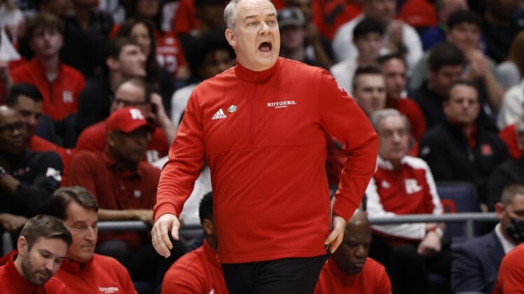 Mar 16, 2022; Dayton, Ohio, USA; Rutgers Scarlet Knights head coach Steve Pikiell reacts to a play in the first half against the Notre Dame Fighting Irish at University of Dayton Arena. Mandatory Credit: Rick Osentoski-USA TODAY Sports