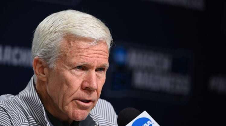 Mar 17, 2022; Greenville, SC, USA; Davidson Wildcats head coach Bob McKillop during the press conference before the first round of the 2022 NCAA Tournament at Bon Secours Wellness Arena. Mandatory Credit: Bob Donnan-USA TODAY Sports