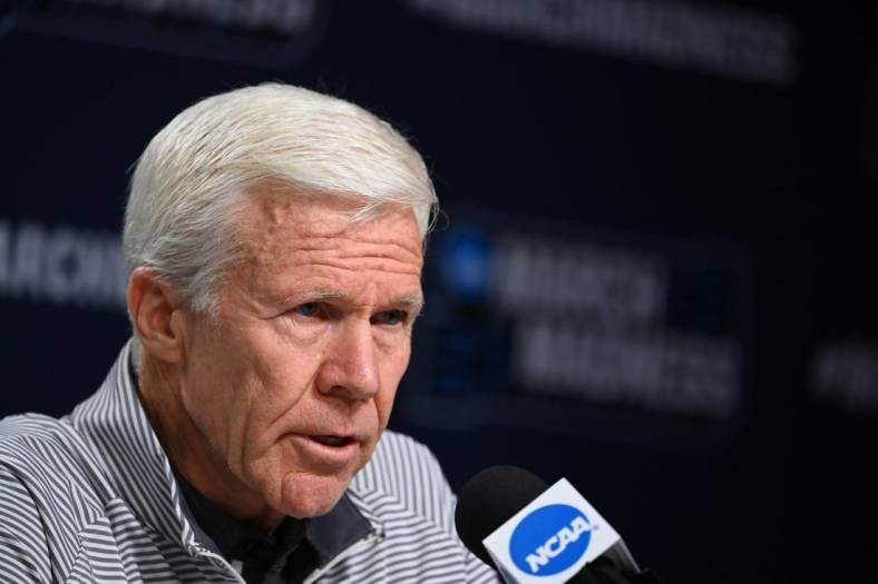 Mar 17, 2022; Greenville, SC, USA; Davidson Wildcats head coach Bob McKillop during the press conference before the first round of the 2022 NCAA Tournament at Bon Secours Wellness Arena. Mandatory Credit: Bob Donnan-USA TODAY Sports