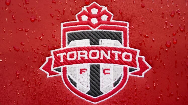 Mar 19, 2022; Toronto, Ontario, CAN;  Toronto FC logo on seat is covered in rain before an MLS game between D.C. United and Toronto FC at BMO Field. Mandatory Credit: Kevin Sousa-USA TODAY Sports