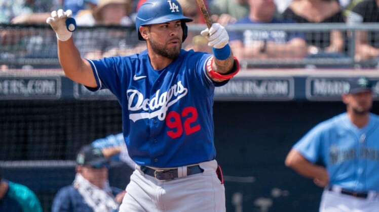 Mar 19, 2022; Peoria, Arizona, USA; Los Angeles Dodgers outfielder Stefen Romero (92) reacts while at bat against the Seattle Mariners during spring training at Peoria Sports Complex. Mandatory Credit: Allan Henry-USA TODAY Sports