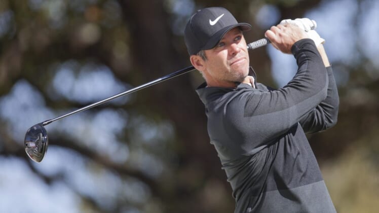 Mar 23, 2022; Austin, Texas, USA; Paul Casey tees off on #1 during the first round of the World Golf Championships-Dell Technologies Match Play golf tournament. Mandatory Credit: Erich Schlegel-USA TODAY Sports