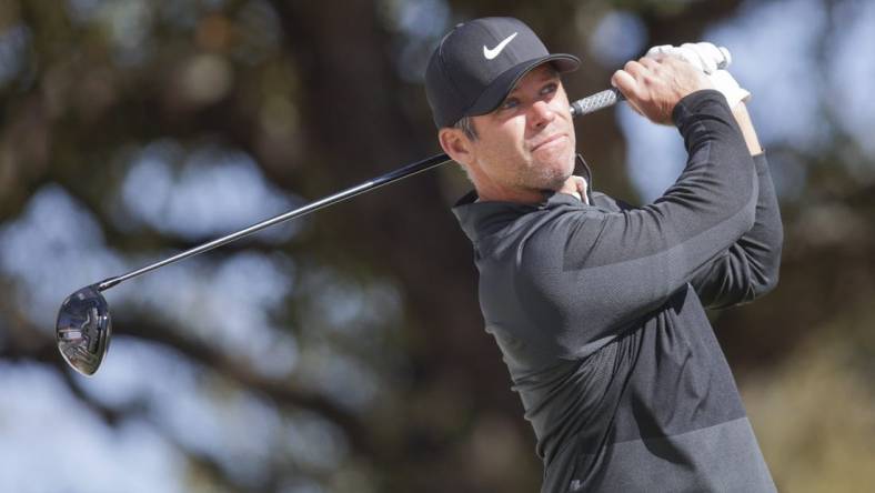 Mar 23, 2022; Austin, Texas, USA; Paul Casey tees off on #1 during the first round of the World Golf Championships-Dell Technologies Match Play golf tournament. Mandatory Credit: Erich Schlegel-USA TODAY Sports