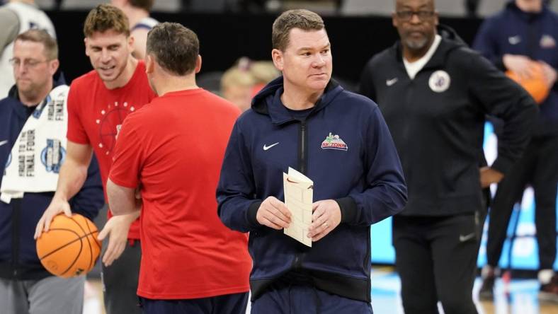 Mar 23, 2022; San Antonio, TX, USA; Arizona Wildcats head coach Tommy Lloyd during a team practice for the NCAA Tournament South Regional at AT&T Center. Mandatory Credit: Scott Wachter-USA TODAY Sports