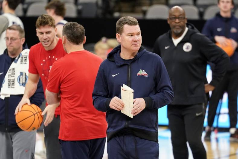 Mar 23, 2022; San Antonio, TX, USA; Arizona Wildcats head coach Tommy Lloyd during a team practice for the NCAA Tournament South Regional at AT&T Center. Mandatory Credit: Scott Wachter-USA TODAY Sports