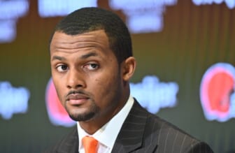 Mar 25, 2022; Berea, OH, USA; Cleveland Browns quarterback Deshaun Watson listens to a question during a press conference at the CrossCountry Mortgage Campus. Mandatory Credit: Ken Blaze-USA TODAY Sports