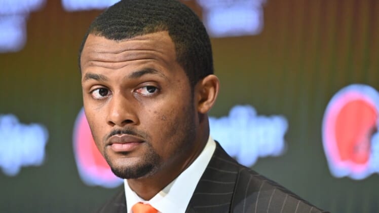 Mar 25, 2022; Berea, OH, USA; Cleveland Browns quarterback Deshaun Watson listens to a question during a press conference at the CrossCountry Mortgage Campus. Mandatory Credit: Ken Blaze-USA TODAY Sports