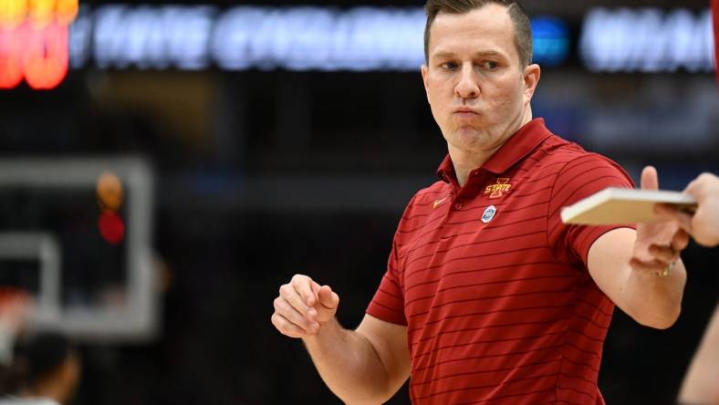 Mar 25, 2022; Chicago, IL, USA; Iowa State Cyclones head coach T.J. Otzelberger on the sidelines during the first half against the Miami (Fl) Hurricanes in the semifinals of the Midwest regional of the men's college basketball NCAA Tournament at United Center. Mandatory Credit: Jamie Sabau-USA TODAY Sports