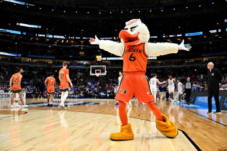 Mar 27, 2022; Chicago, IL, USA; Sebastian the Ibis performs before the start of the second half against the Kansas Jayhawks in the finals of the Midwest regional of the men's college basketball NCAA Tournament at United Center. Mandatory Credit: Jamie Sabau-USA TODAY Sports