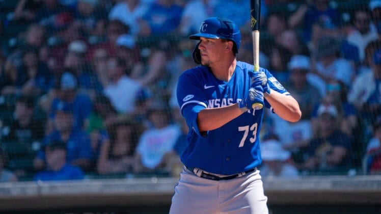 Mar 27, 2022; Mesa, Arizona, USA; Kansas City Royals designated hitter Vinnie Pasquantino (73) at bat in the second inning during a spring training game against the Chicago Cubs at Sloan Park. Mandatory Credit: Allan Henry-USA TODAY Sports