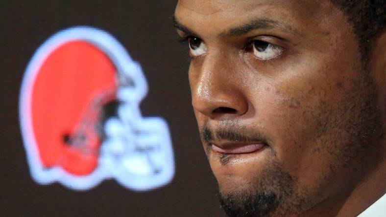 Cleveland Browns quarterback Deshaun Watson listens to questions during his introductory press conference at the Cleveland Browns Training Facility on Friday.

Watsonpress 8