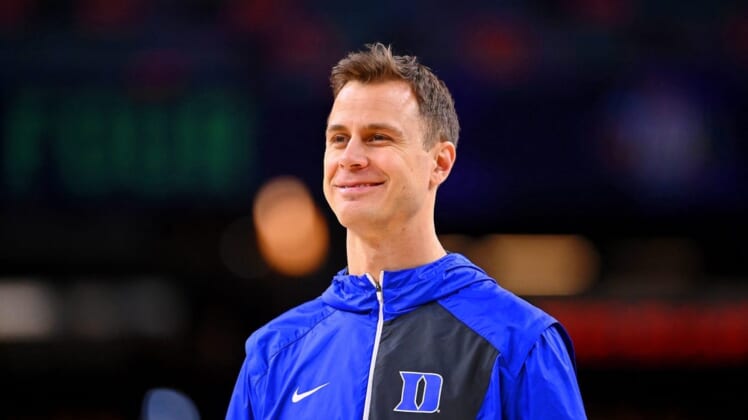 Apr 1, 2022; New Orleans, LA, USA; Duke Blue Devils associate head coach Jon Scheyer watches the team during a practice session before the 2022 NCAA men's basketball tournament Final Four semifinals at Caesars Superdome. Mandatory Credit: Bob Donnan-USA TODAY Sports