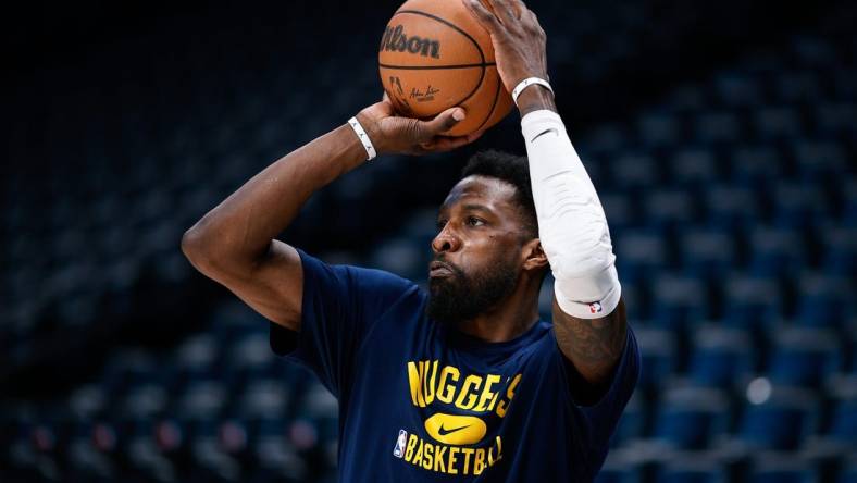 Apr 1, 2022; Denver, Colorado, USA; Denver Nuggets forward Jeff Green (32) warms up before the game against the Minnesota Timberwolves at Ball Arena. Mandatory Credit: Isaiah J. Downing-USA TODAY Sports