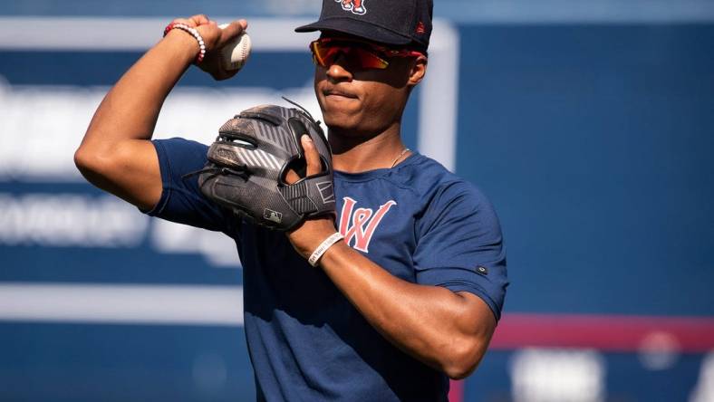 Jeter Downs warms up ahead of a rehab assignment during the WooSox game against Buffalo on Friday, July 30, 2021.

DP2