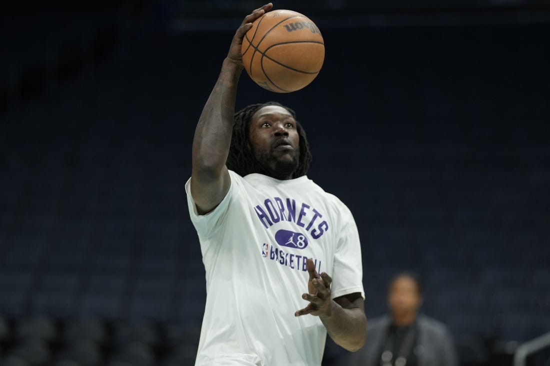 Apr 7, 2022; Charlotte, North Carolina, USA; Charlotte Hornets center Montrezl Harrell (8) during pregame warm ups against the Orlando Magic at Spectrum Center. Mandatory Credit: Jim Dedmon-USA TODAY Sports