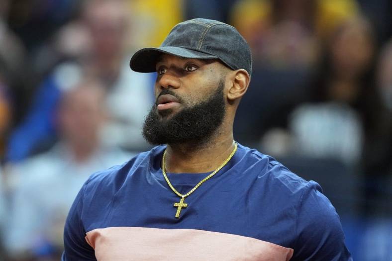 Apr 7, 2022; San Francisco, California, USA; Los Angeles Lakers forward LeBron James (6) looks on from the bench during the first quarter against the Golden State Warriors at Chase Center. Mandatory Credit: Darren Yamashita-USA TODAY Sports