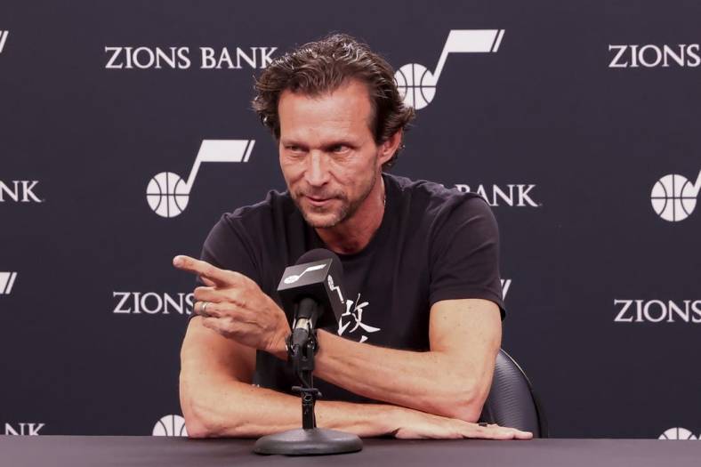Apr 8, 2022; Salt Lake City, Utah, USA; Utah Jazz head coach Quin Snyder addresses the media prior to a game against the Phoenix Suns at Vivint Arena. Mandatory Credit: Rob Gray-USA TODAY Sports